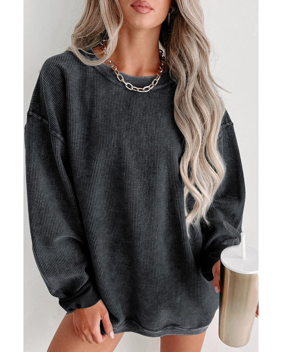 Black Solid Ribbed Knit Round Neck Pullover Sweatshirt - 2XL