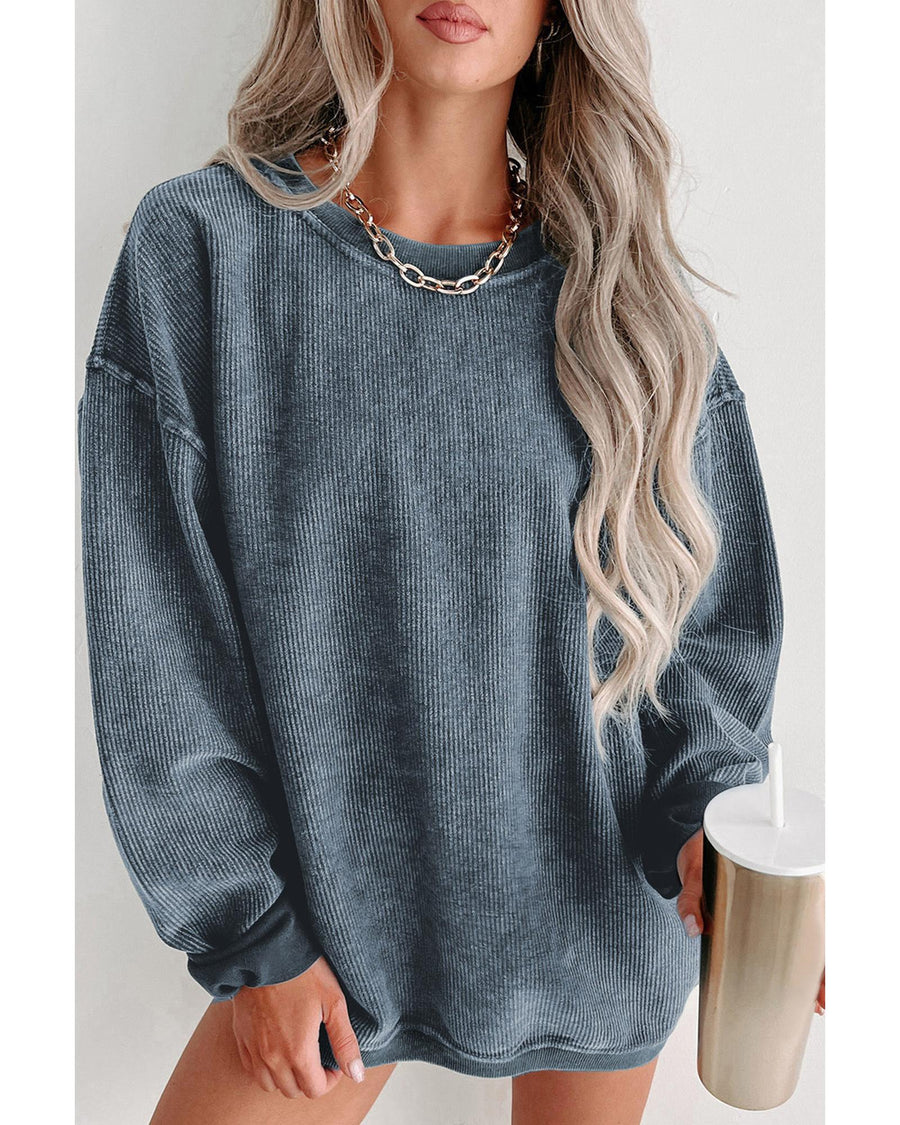 Blue Solid Ribbed Knit Round Neck Pullover Sweatshirt - S