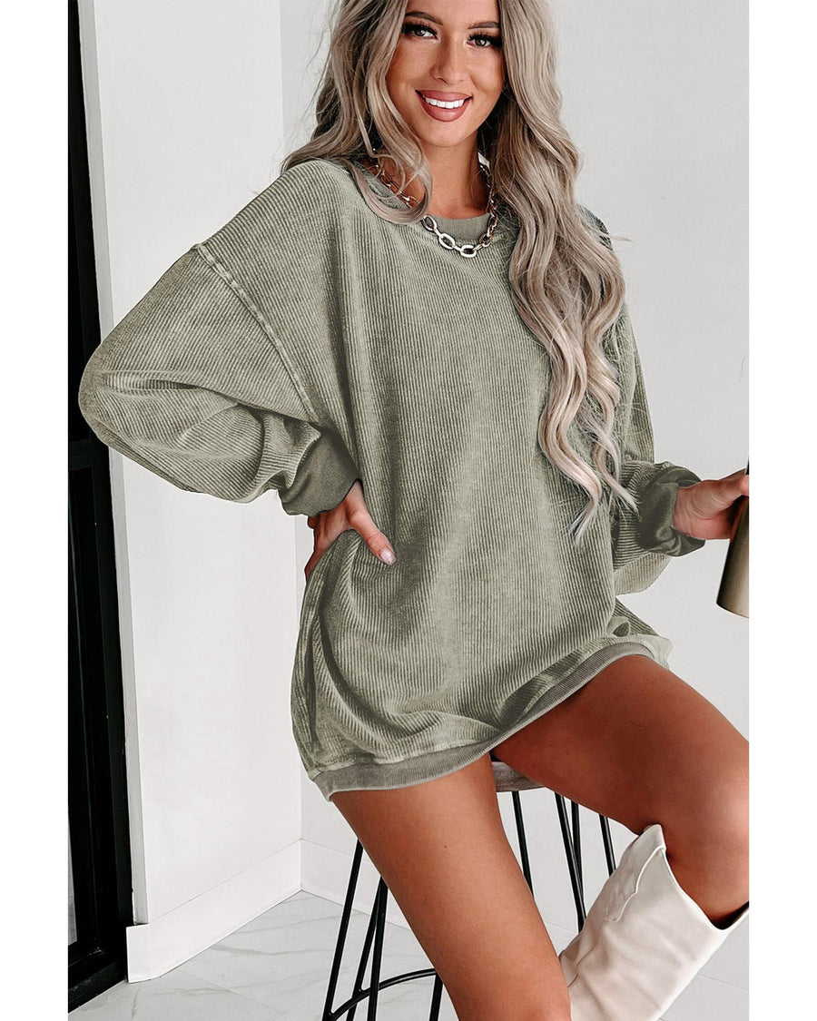 Green Solid Ribbed Knit Round Neck Pullover Sweatshirt - S
