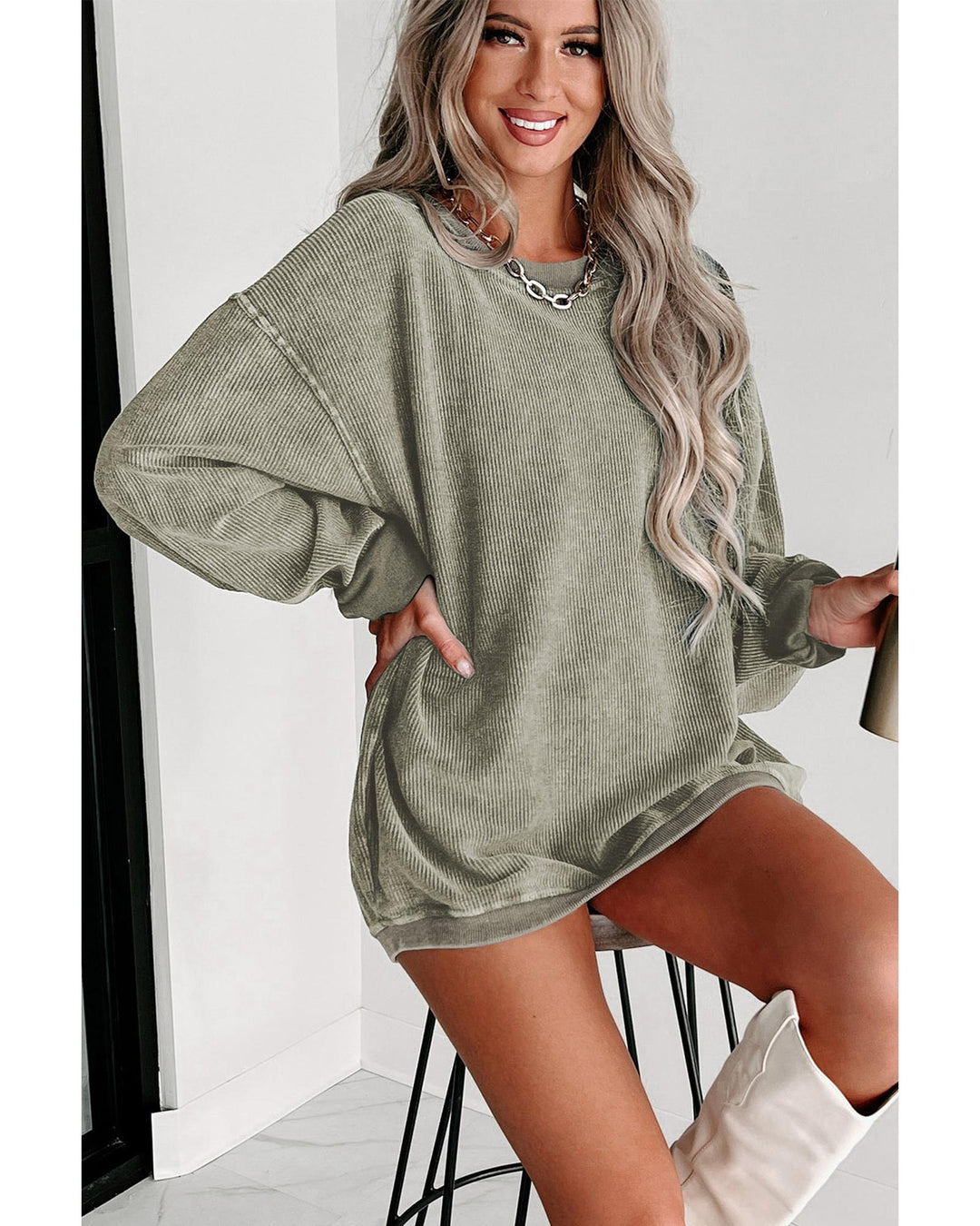 Green Solid Ribbed Knit Round Neck Pullover Sweatshirt - XL