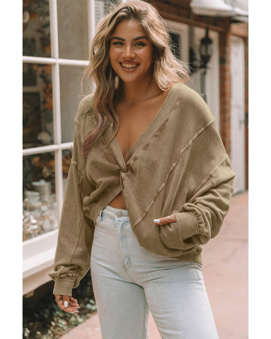 Khaki Exposed Seam Twist Open Back Oversized Sweatshirt - M