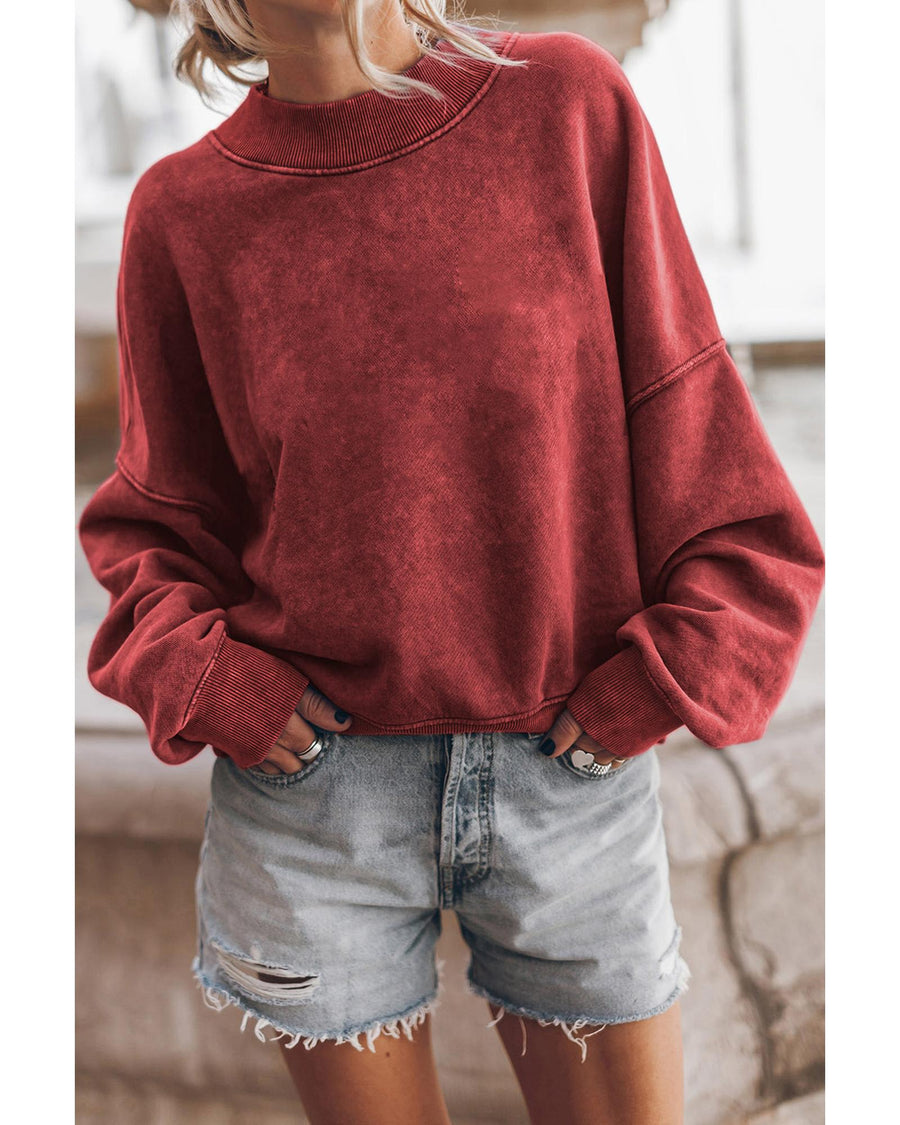 Red Dahlia Drop Shoulder Crew Neck Pullover Sweatshirt - M