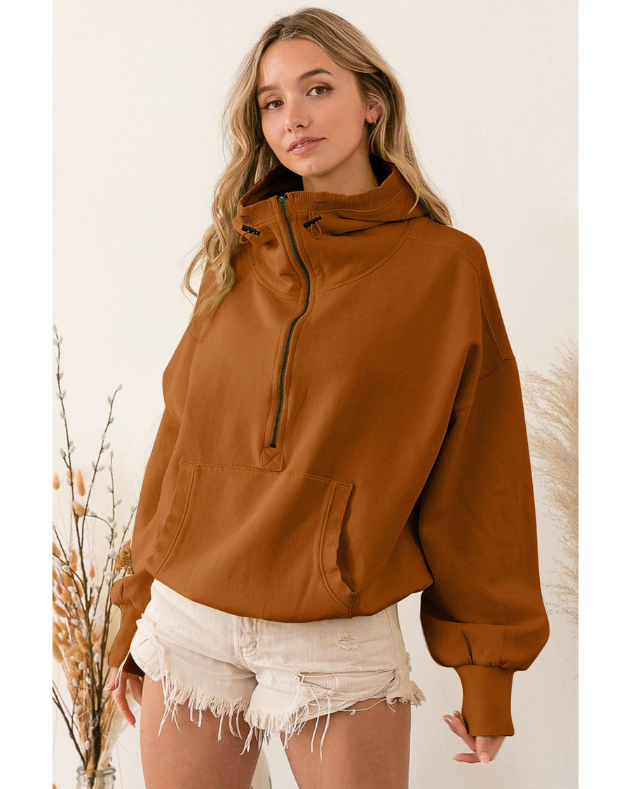 Brown Ribbed Trim Kangaroo Pocket Zipped Hoodie - M