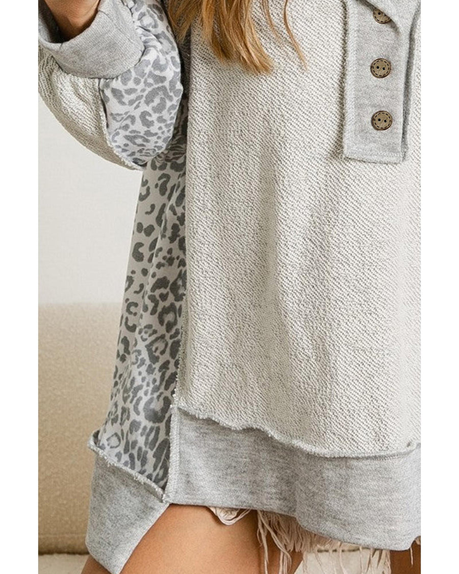 Gray Leopard Patchwork Exposed Seam Buttoned Neck Sweatshirt - S