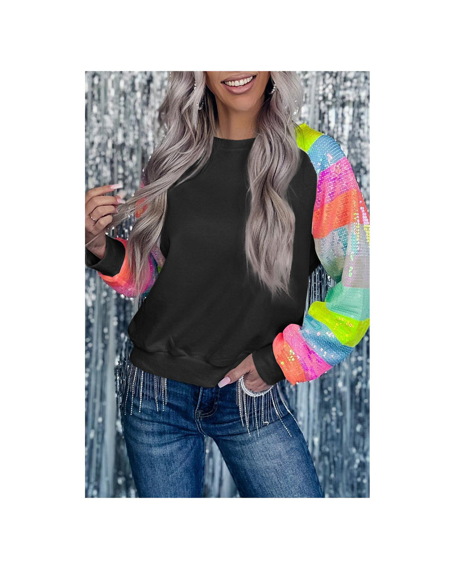Azura Exchange Sequin Color Block Raglan Sleeve Pullover Sweatshirt - M