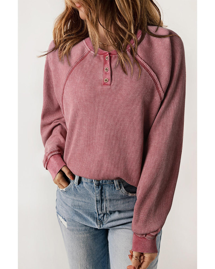 Red Waffle Knit Raglan Sleeve Henley Sweatshirt - M