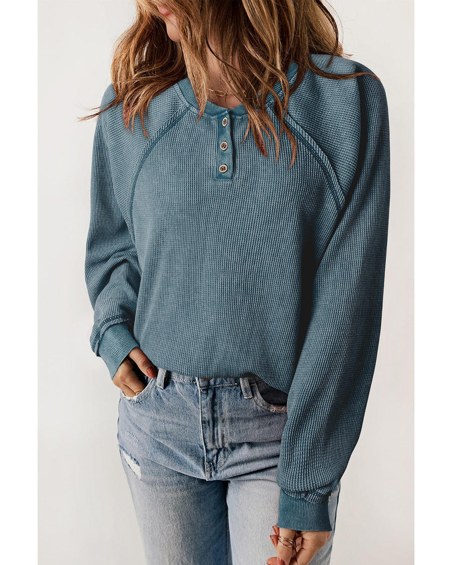 Sea Green Waffle Knit Raglan Sleeve Henley Sweatshirt - M