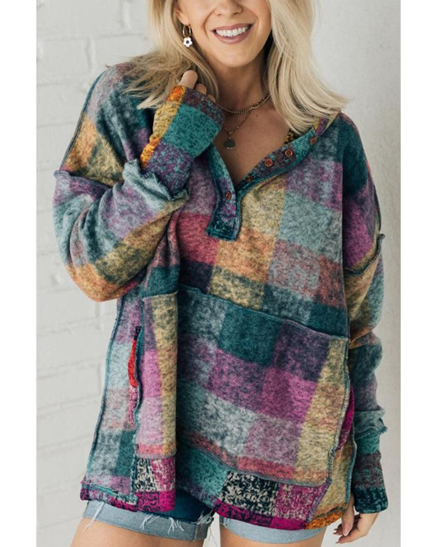 Multicolor Brushed Plaid Buttoned Pullover Oversized Hoodie - L