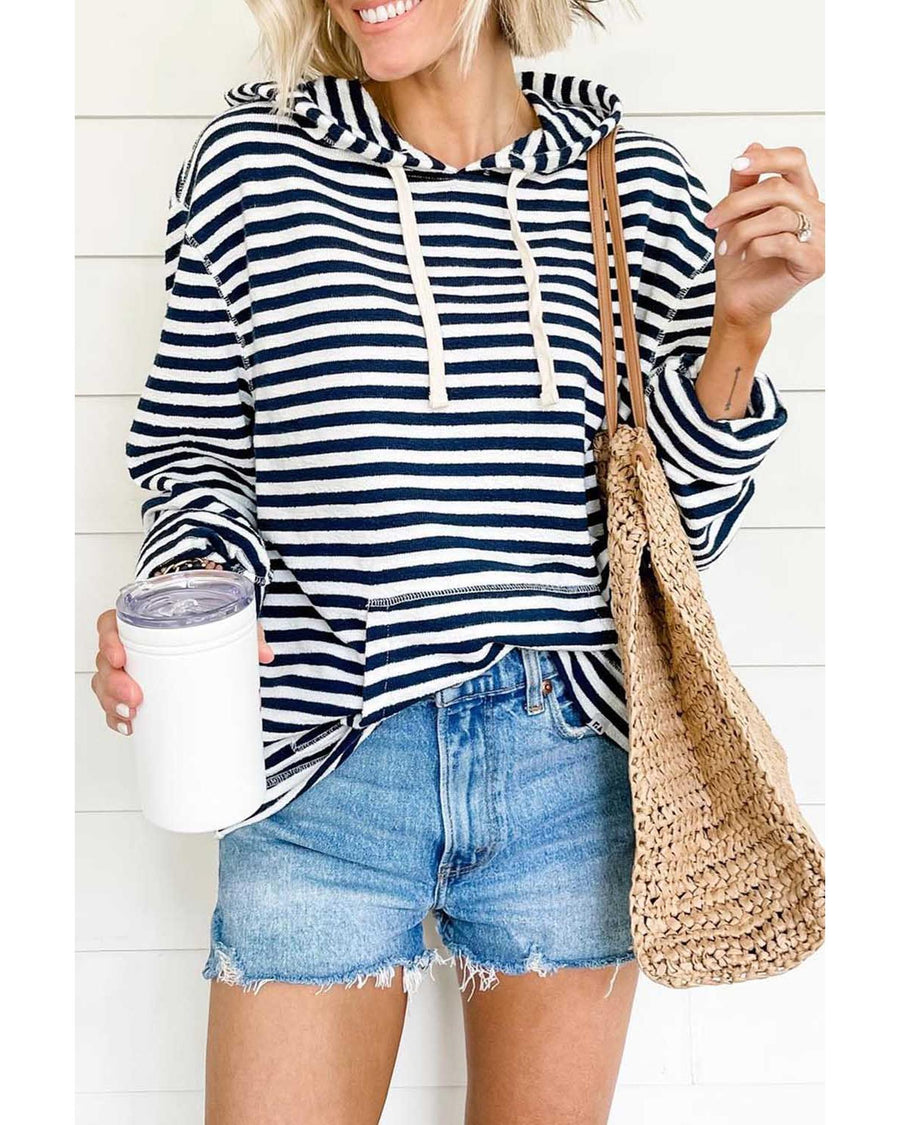 Stripe Kangaroo Pocket Drawstring Hoodie - S