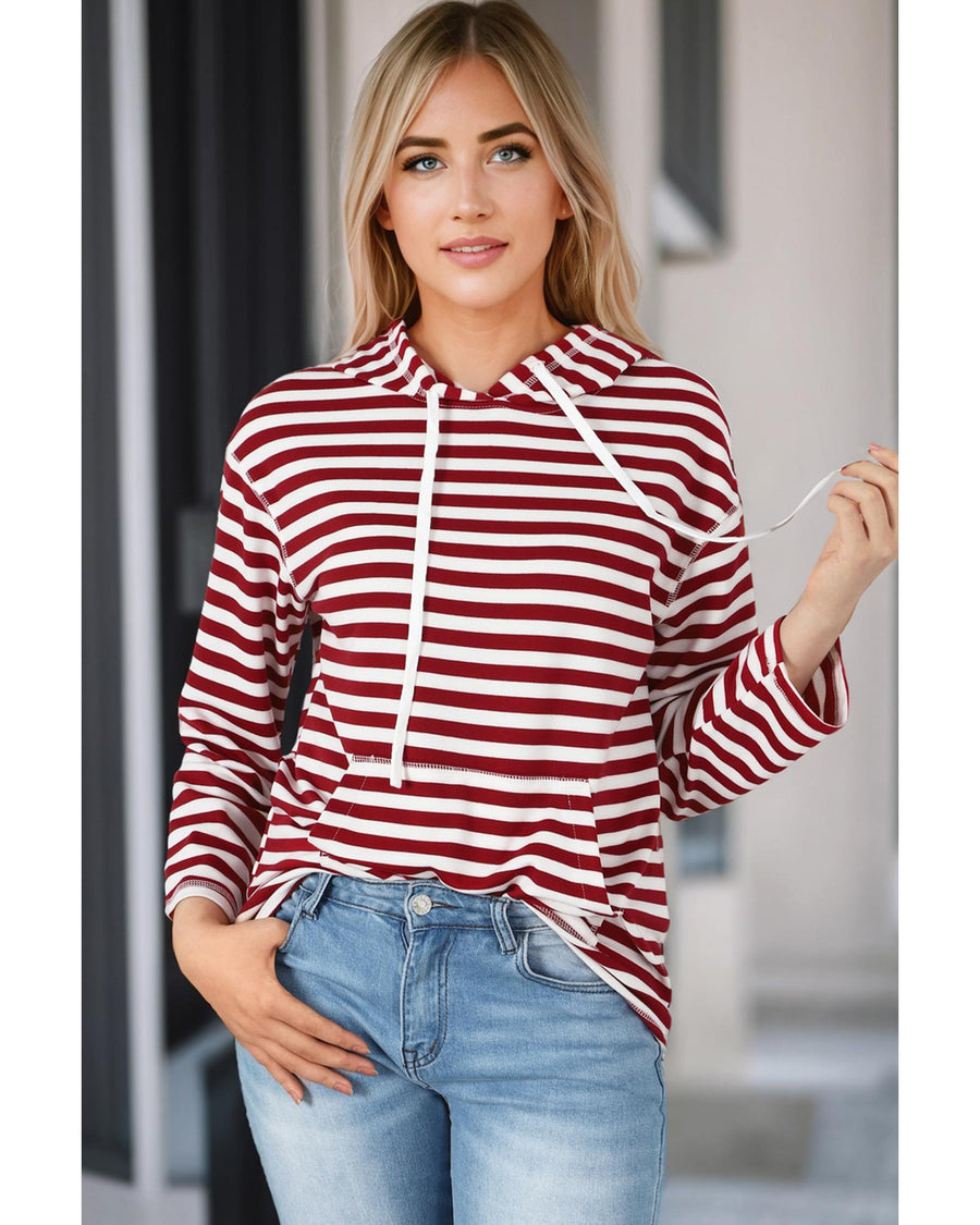 Biking Red Stripe Kangaroo Pocket Drawstring Hoodie - M