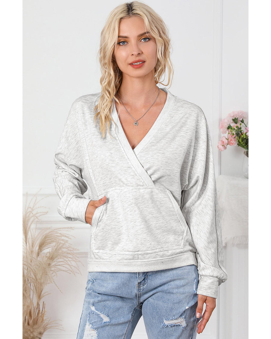 Gray Contrast Trim V Neck Wrap Sweatshirt with Pocket - M