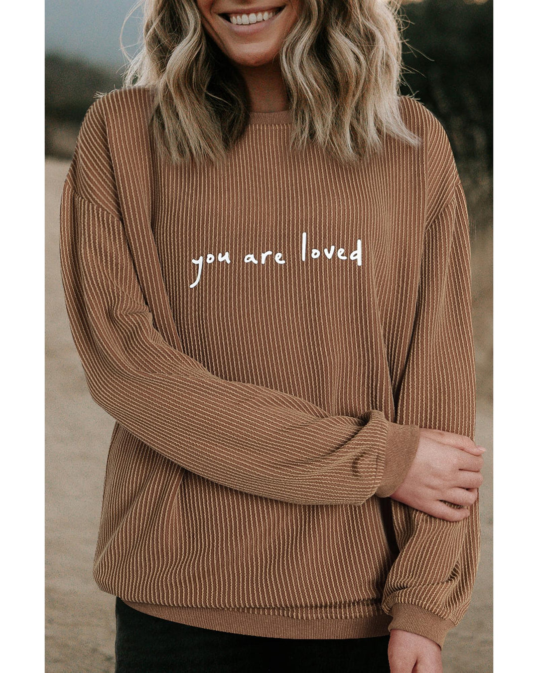 Khaki You Are Loved Print Corduroy Sweatshirt - S