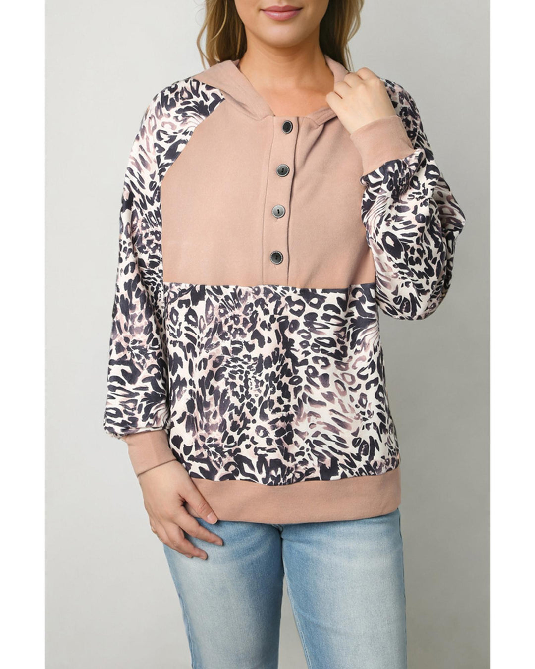 Leopard Print Buttoned Neckline Raglan Sleeve Hoodie - M