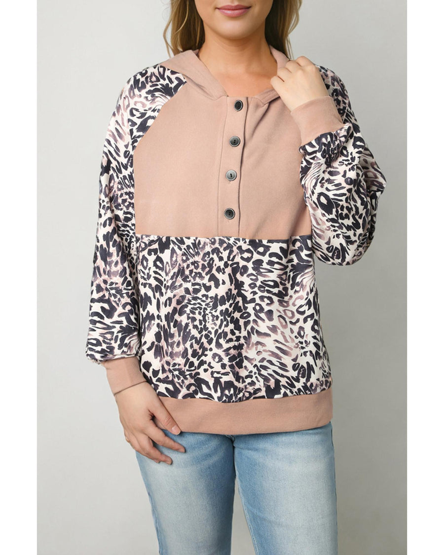 Leopard Print Buttoned Neckline Raglan Sleeve Hoodie - S