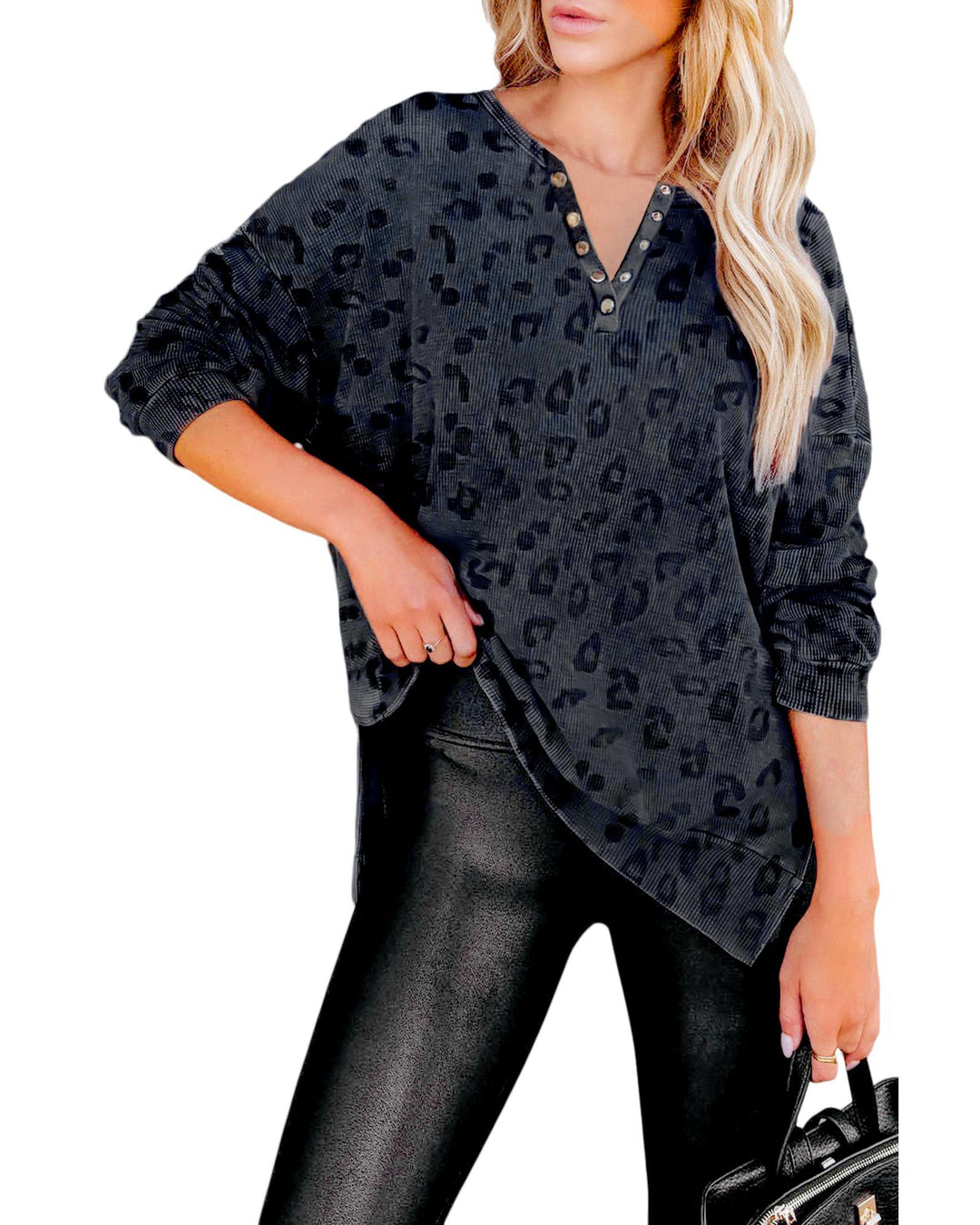 Gray Leopard Print Button Split Neck Waffle Sweatshirt - M