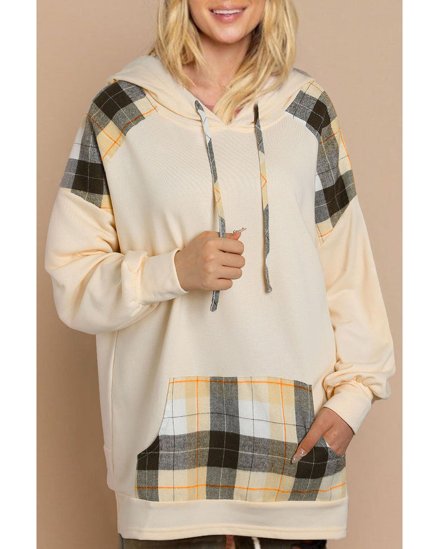 Khaki Plaid Patchwork Kangaroo Pocket Oversized Hoodie - S