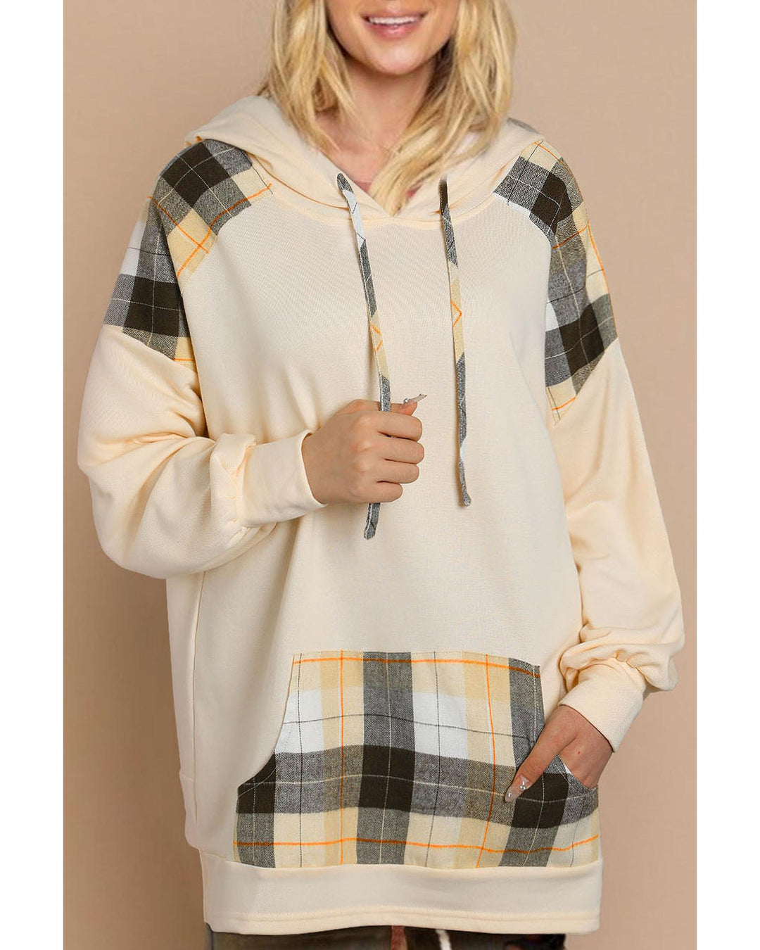 Khaki Plaid Patchwork Kangaroo Pocket Oversized Hoodie - XL