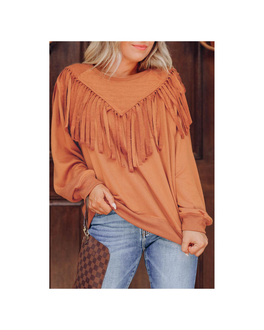 Azura Exchange Brown Chevron Fringe Loose Pullover Sweatshirt - M