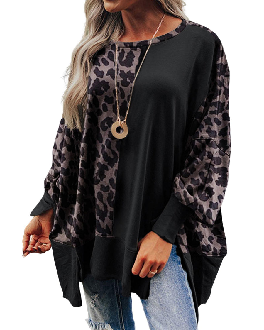 Black Leopard Patchwork Bishop Sleeve Slit Sweatshirt - M