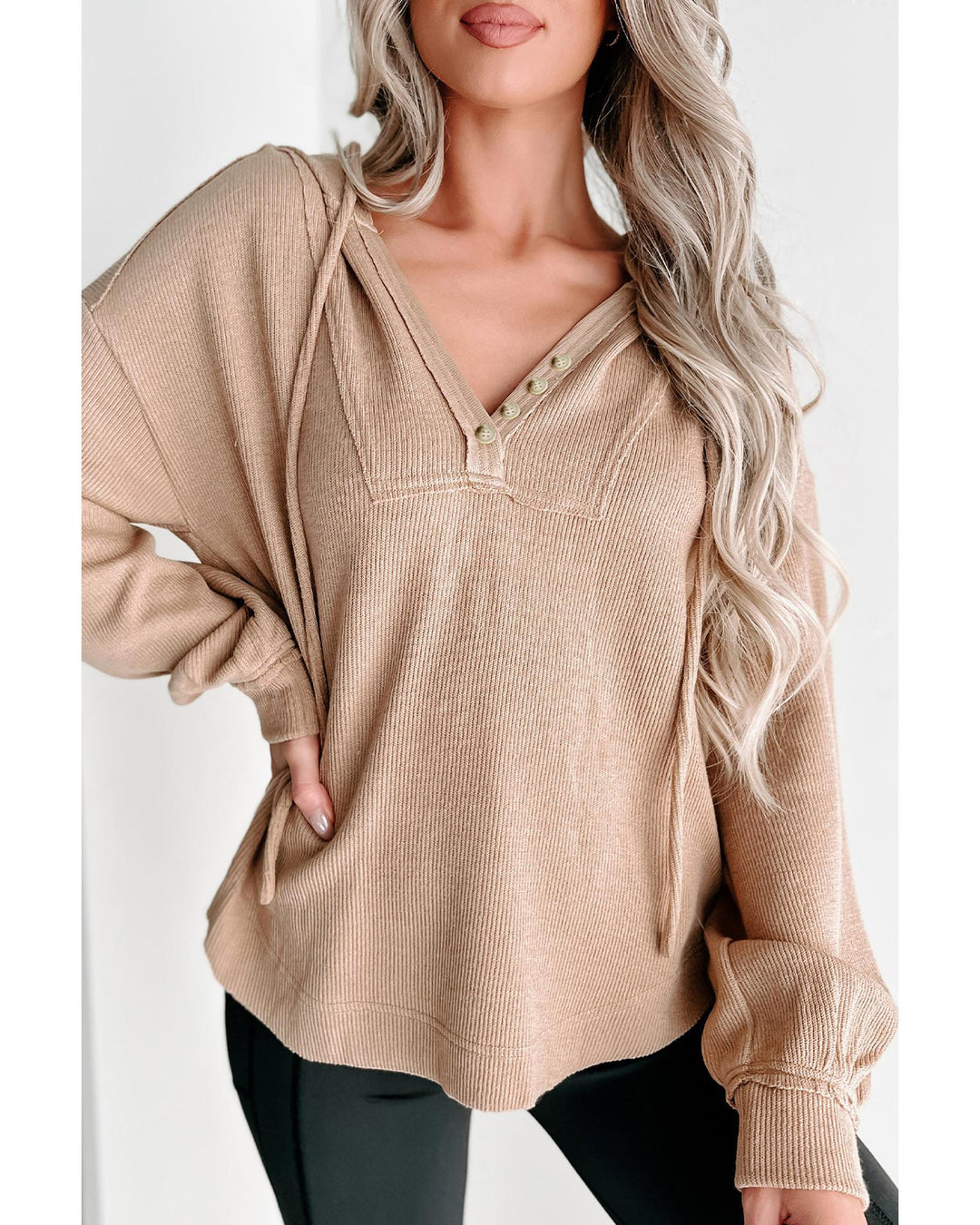Khaki Buttoned V Neck Drawstring Knit Hoodie - L