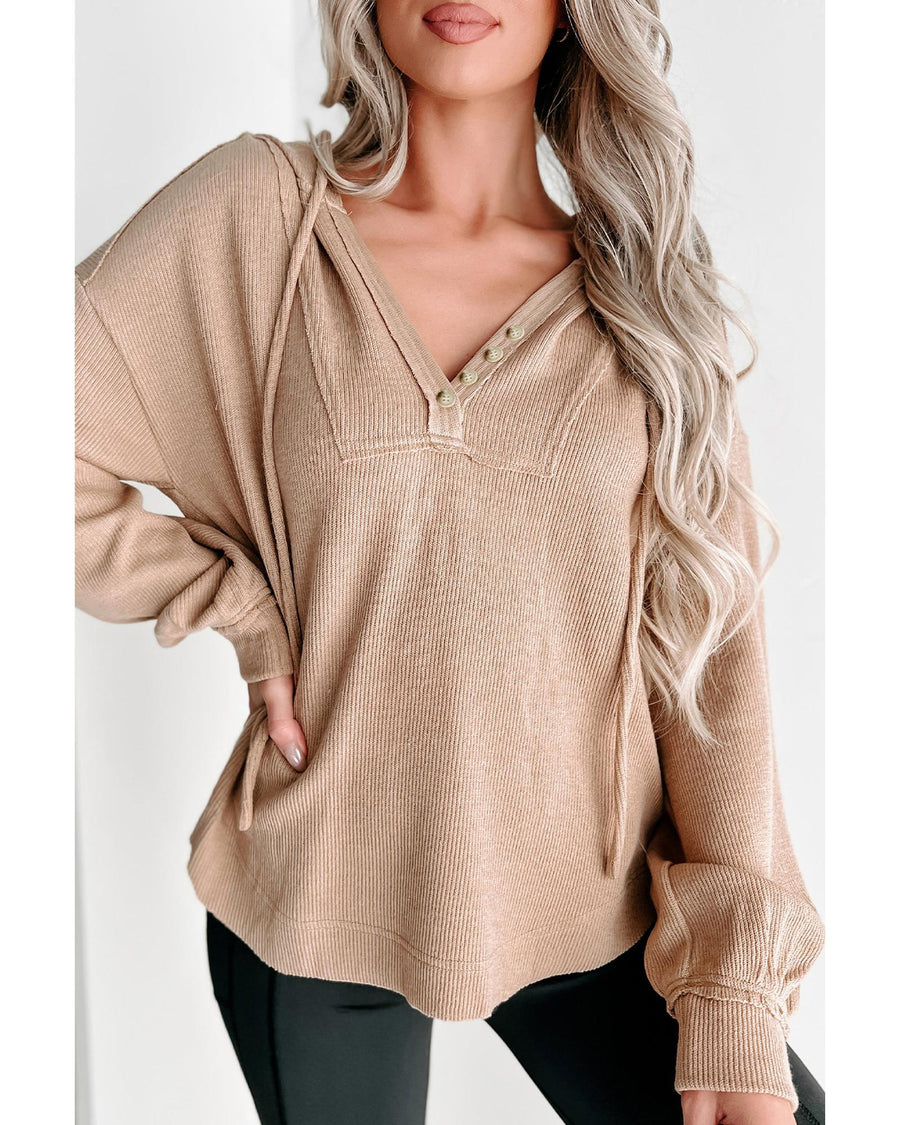 Khaki Buttoned V Neck Drawstring Knit Hoodie - L