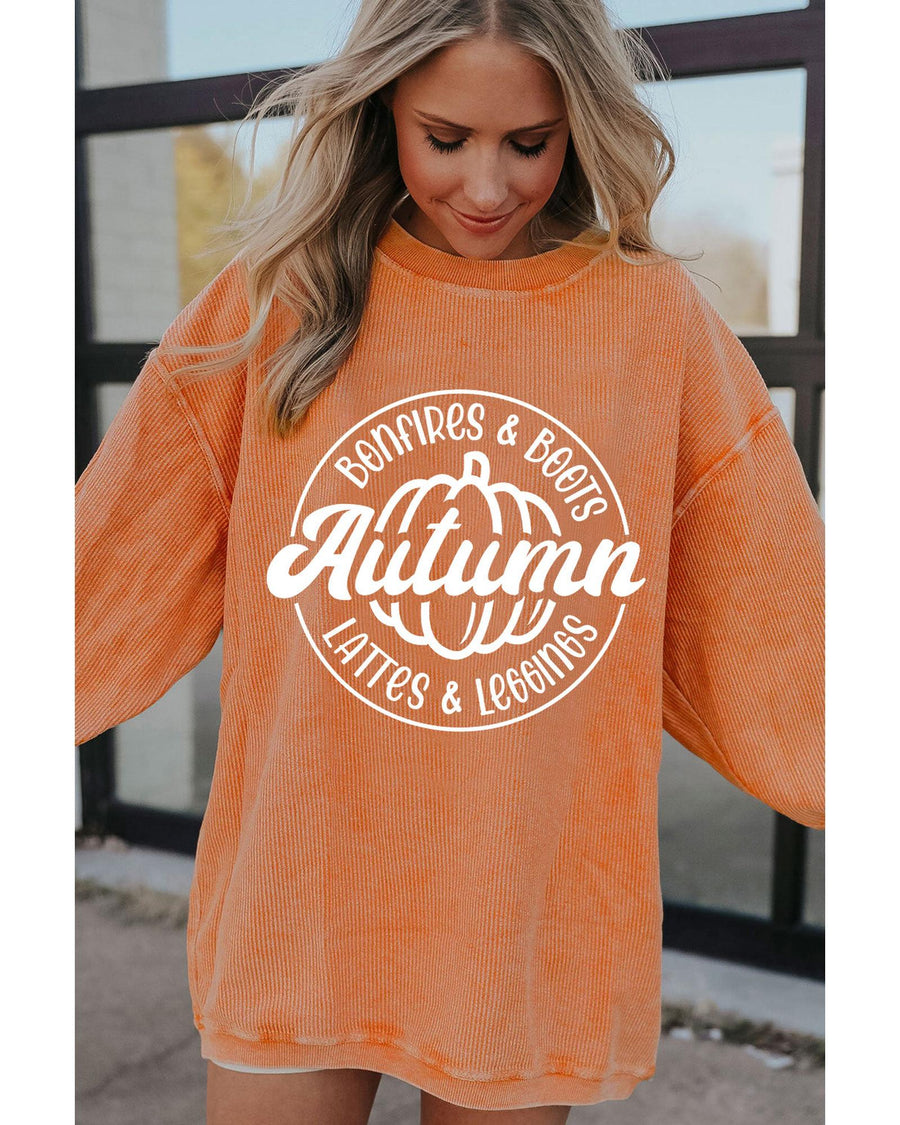 Orange Autumn Pumpkin Graphic Print Corded Oversized Sweatshirt - L