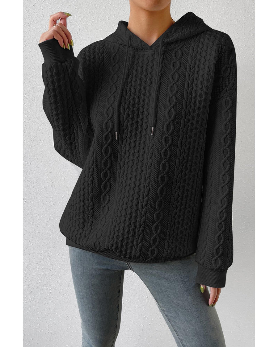 Black Cable Textured Casual Drawstring Hoodie - L