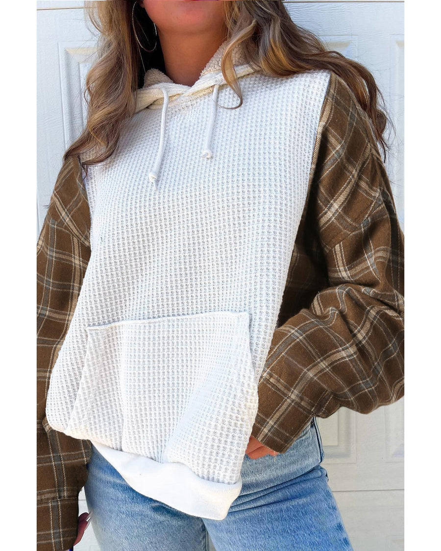 White Waffle Patch Plaid Sleeve Kangaroo Pocket Hoodie - L