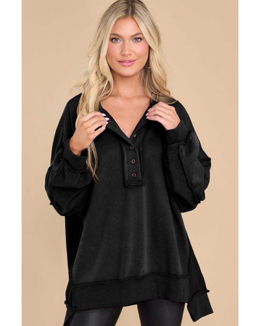 Black Oversized Exposed Seam Henley Sweatshirt - S