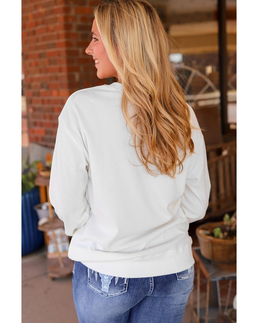 White WILD WEST Steer Skull Graphic Ribbed Sweatshirt - L