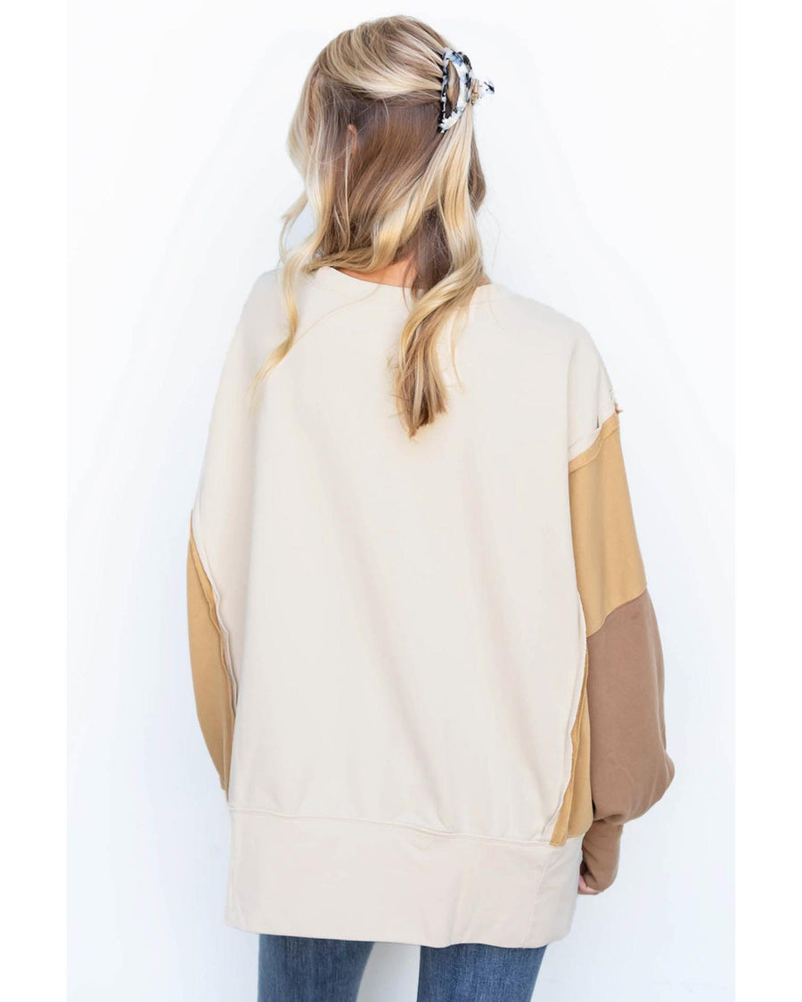 Khaki Color Block Sleeve Patchwork Oversized Sweatshirt - L