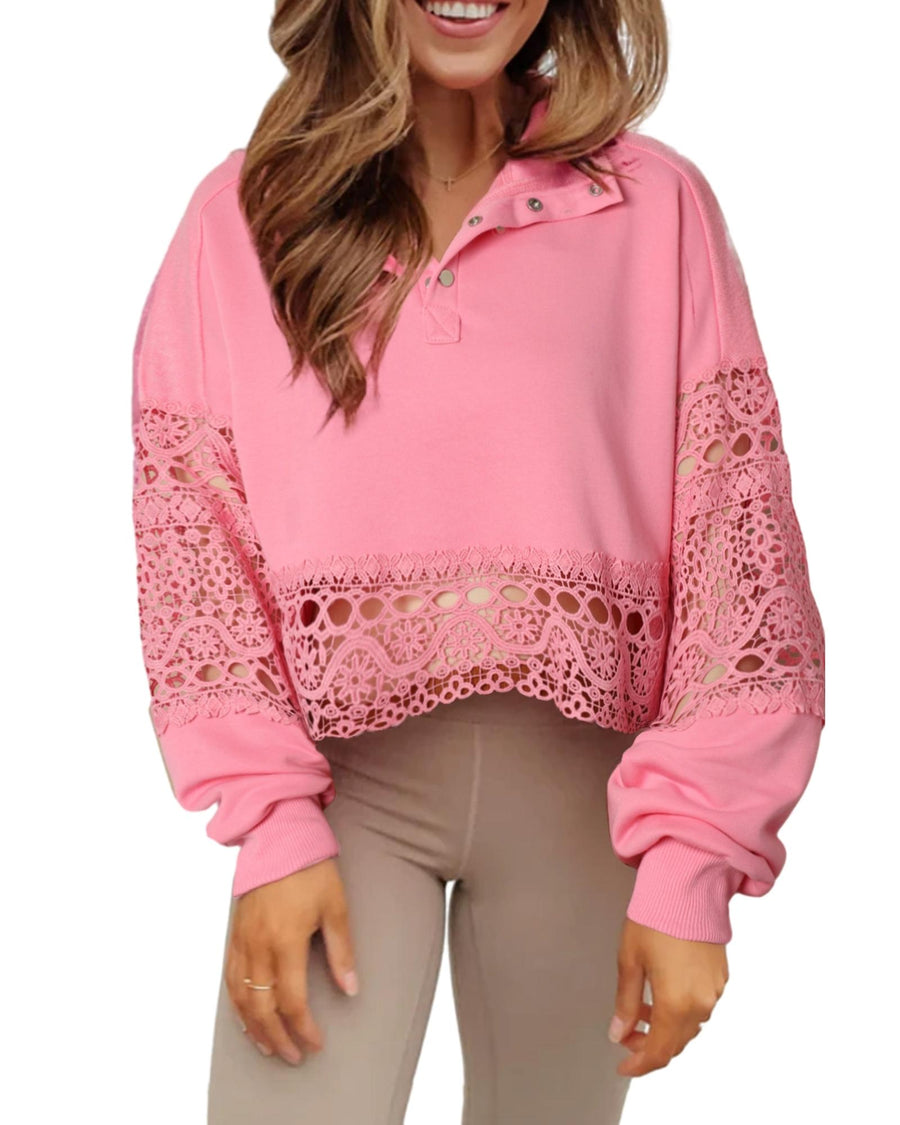 Pink Hollowed Lace Splicing Cropped Sweatshirt - XL