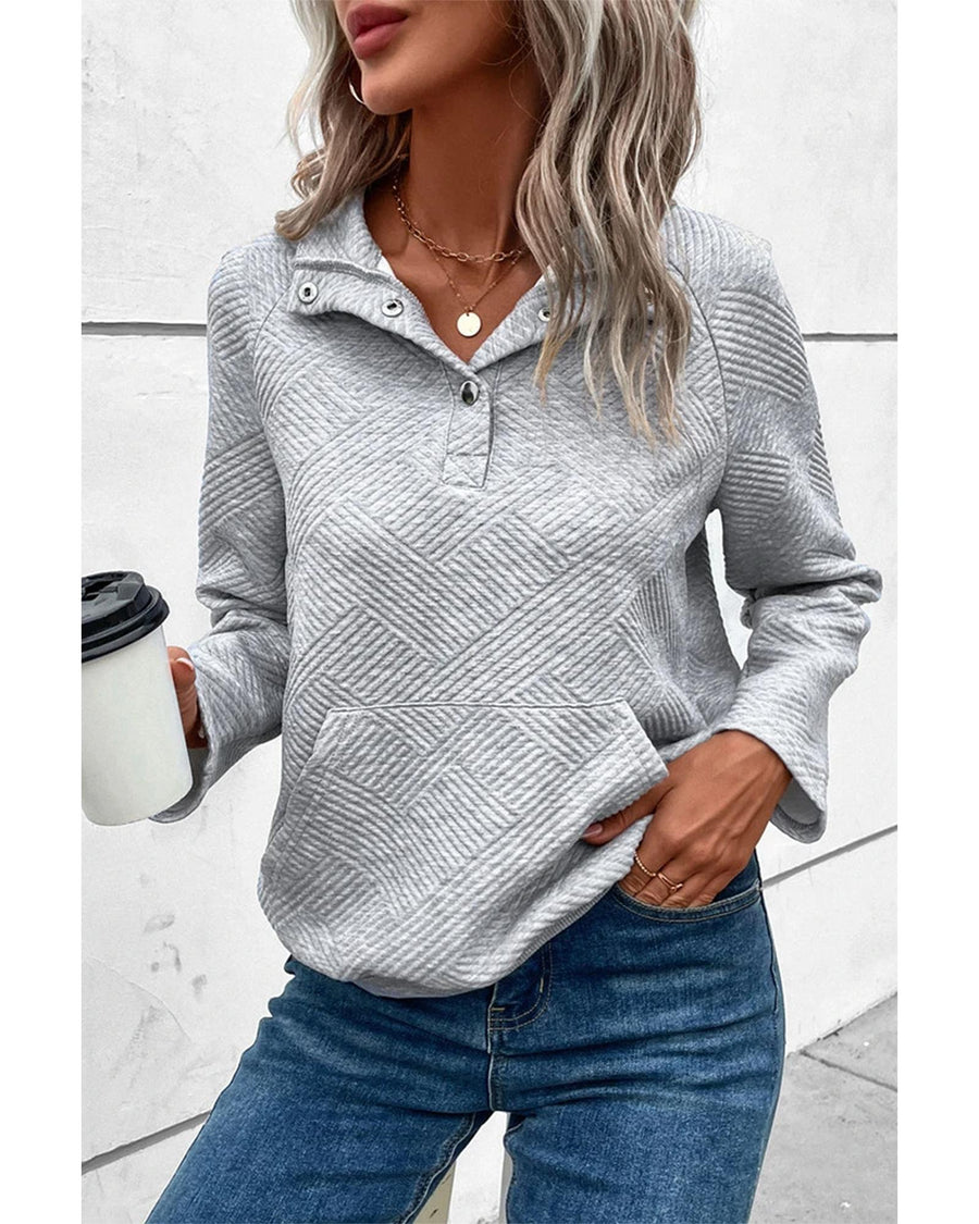 Light Grey Textured Knit Buttoned Kangaroo Pocket Sweatshirt - S