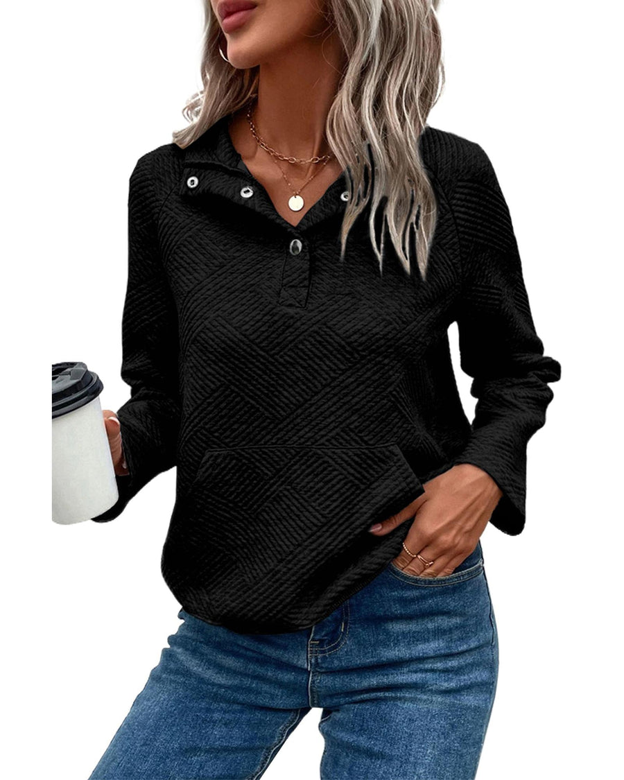Black Textured Knit Buttoned Kangaroo Pocket Sweatshirt - M