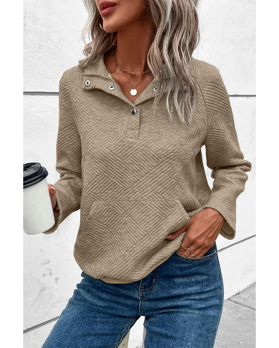Pale Khaki Textured Knit Buttoned Kangaroo Pocket Sweatshirt - S