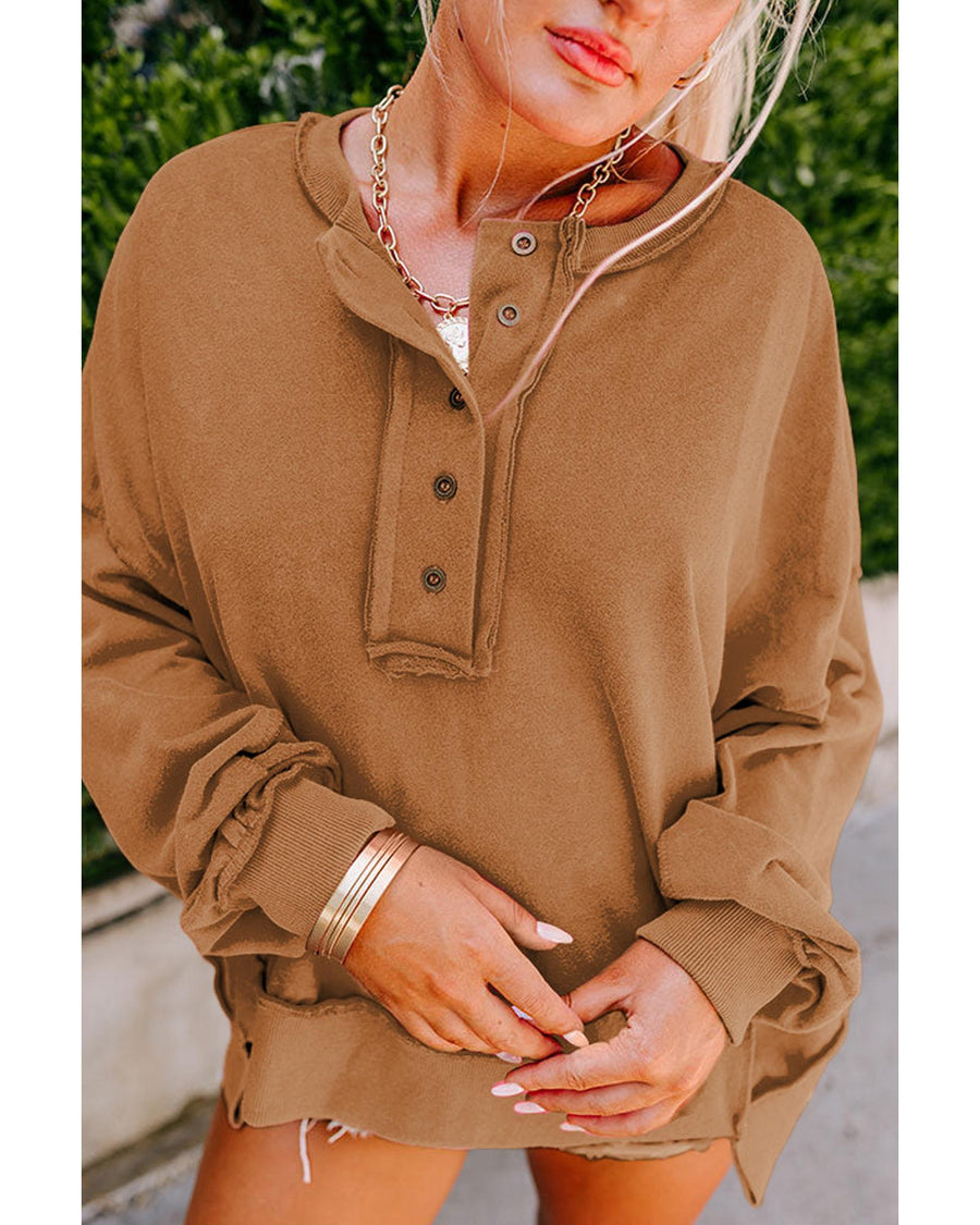 Chestnut Drop Shoulder Henley Buttons Sweatshirt - M