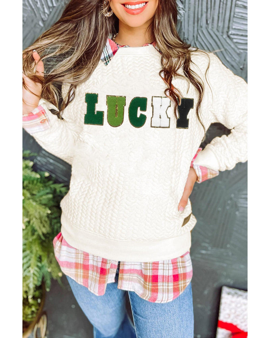 White LUCKY Chenille Embroidered Cable Knit Pullover Sweatshirt - M