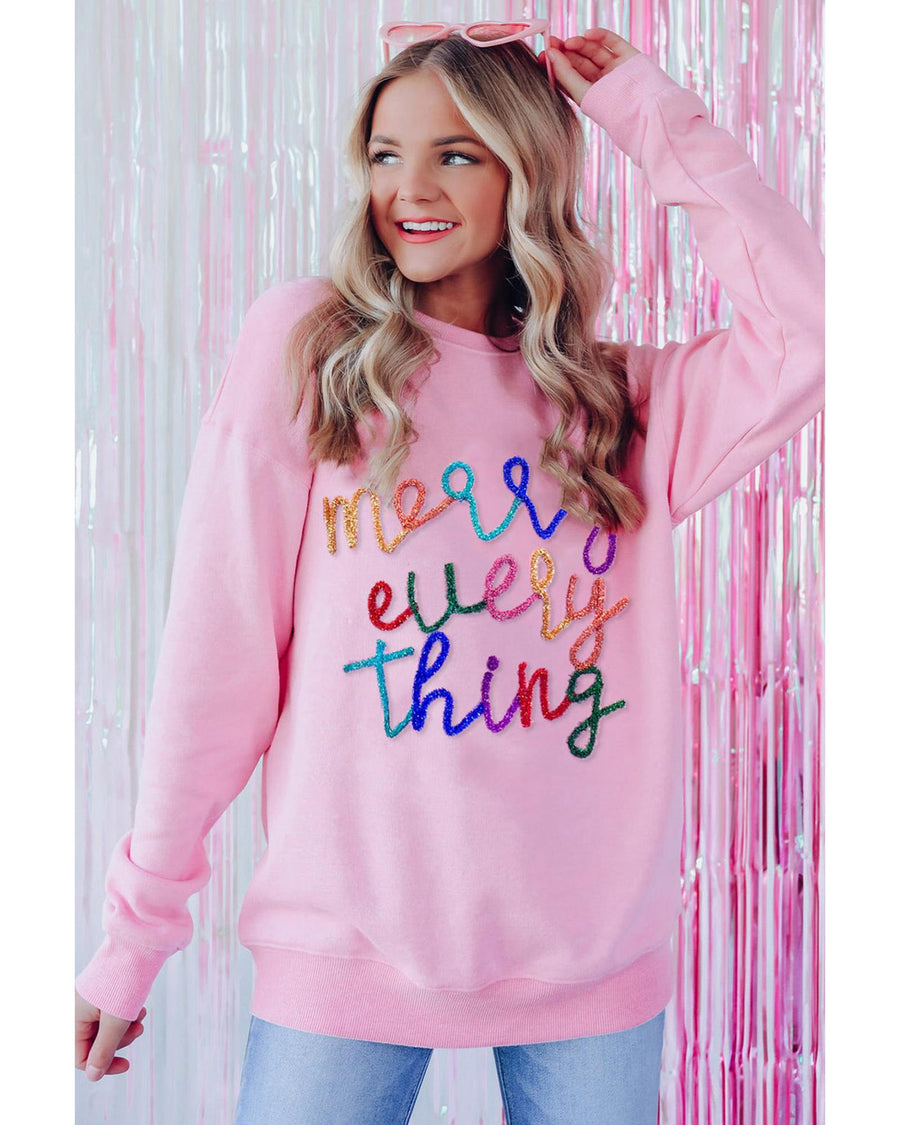 Peach Blossom Merry Every Thing Glitter Slogan Sweatshirt - M