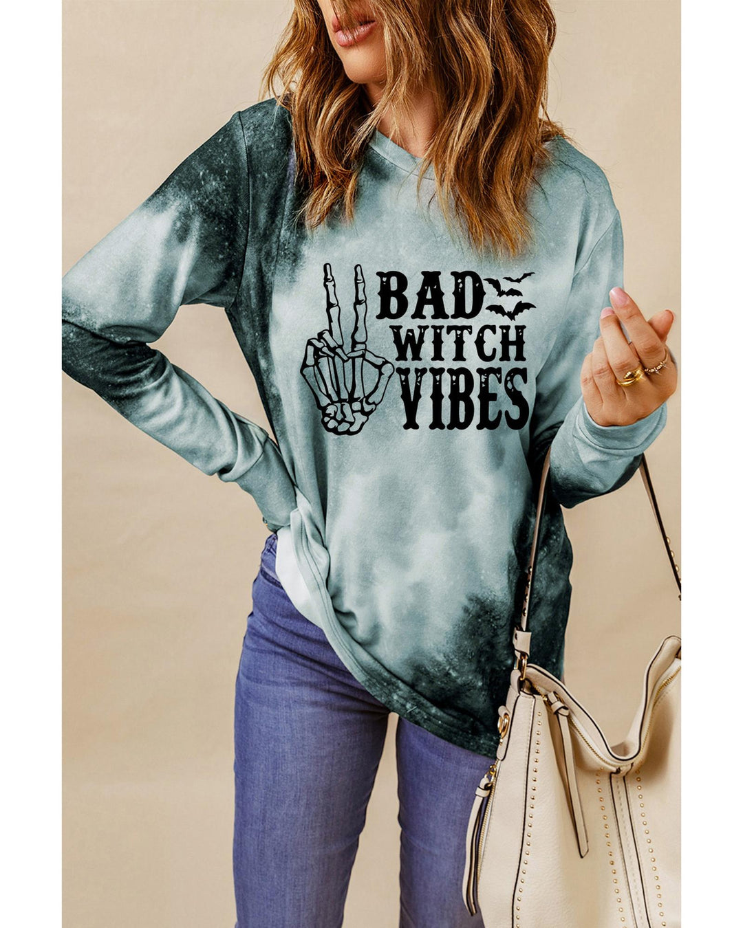 Gray Tie Dye BAD WITCH VIBES Graphic Long Sleeve Top - L