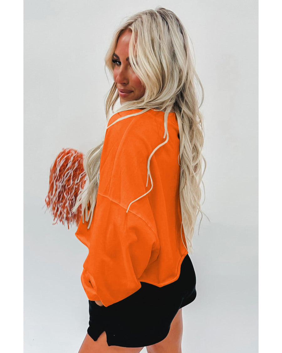 Orange Game Day Lettering Rugby Notched Neck Sweatshirt - L