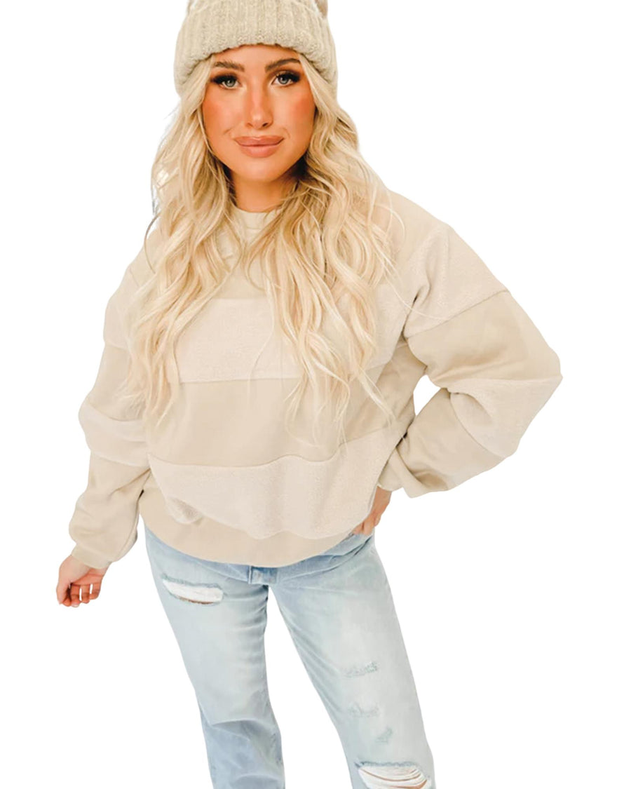Oatmeal Contrast 2-tone Patchwork Raglan Sleeve Sweatshirt - L