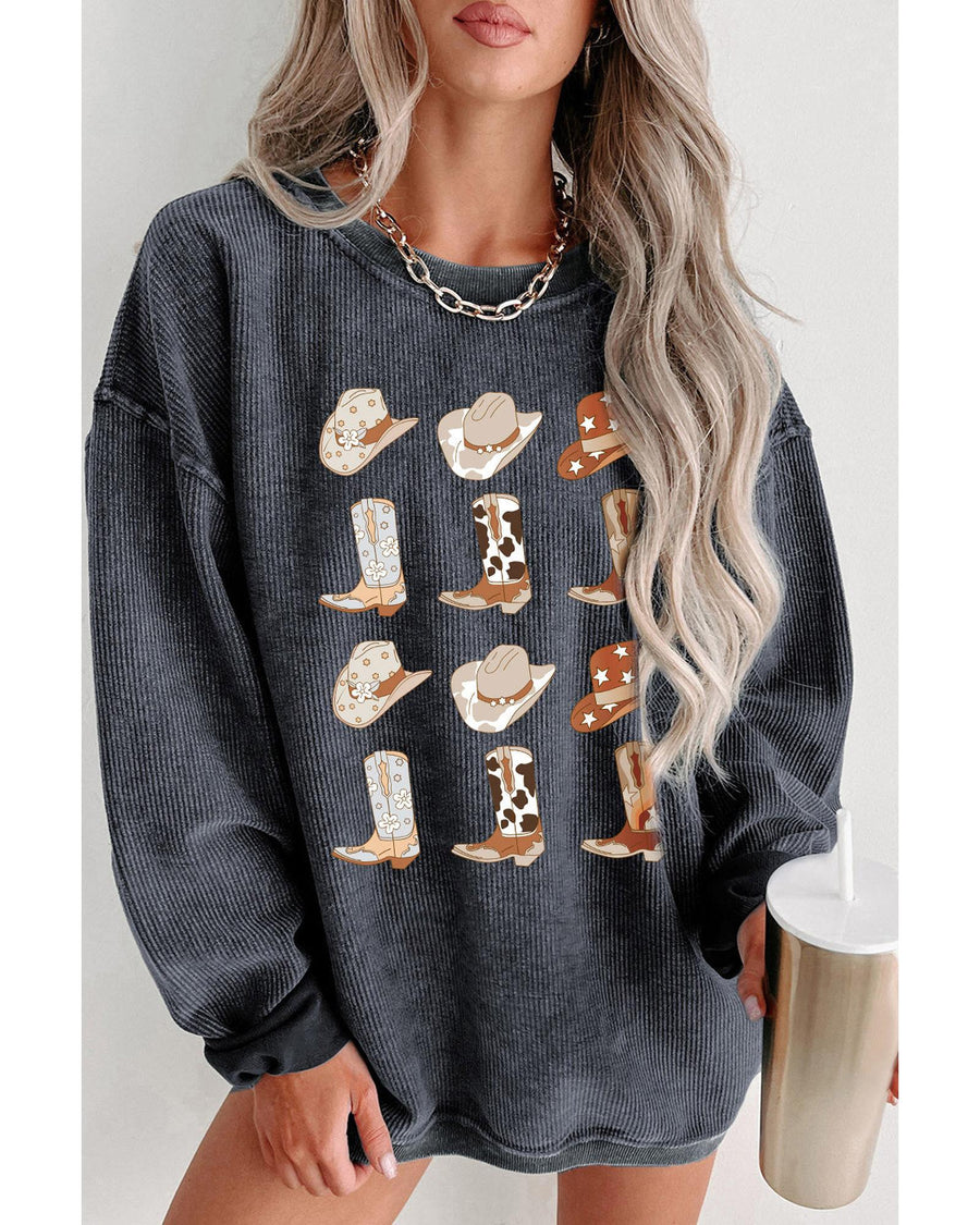 Azura Exchange Graphic Corded Sweatshirt with Gray Boots & Cowboyhat Design - L
