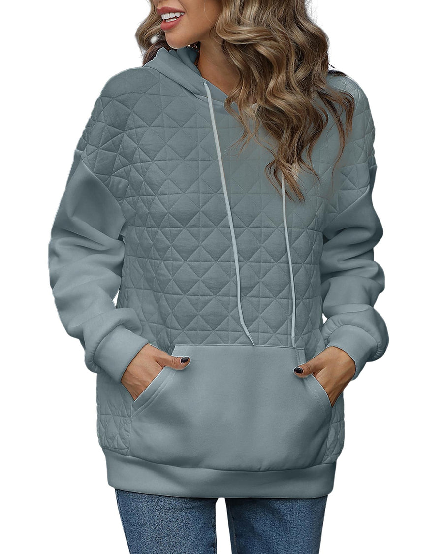 Light Grey Drop Shoulder Quilted Patchwork Kangaroo Pocket Hoodie - S