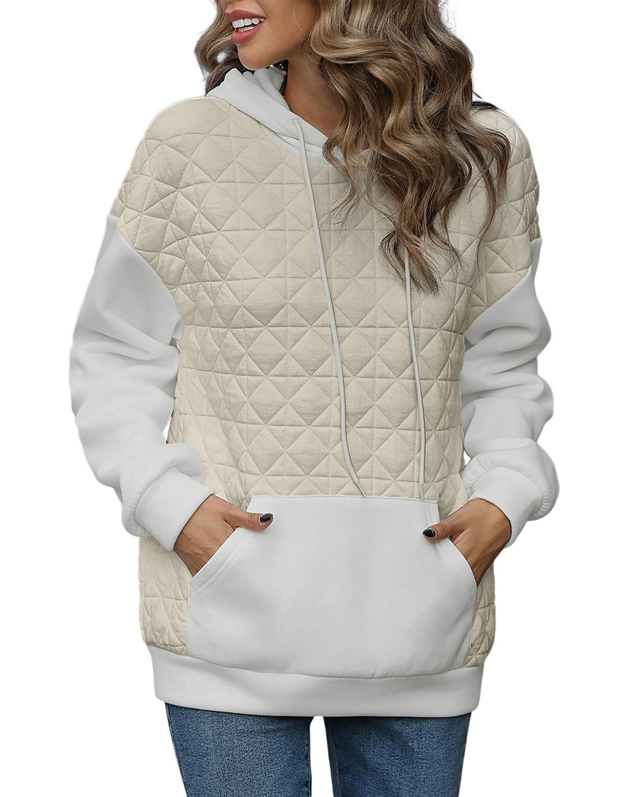 Beige Drop Shoulder Quilted Patchwork Kangaroo Pocket Hoodie - XL