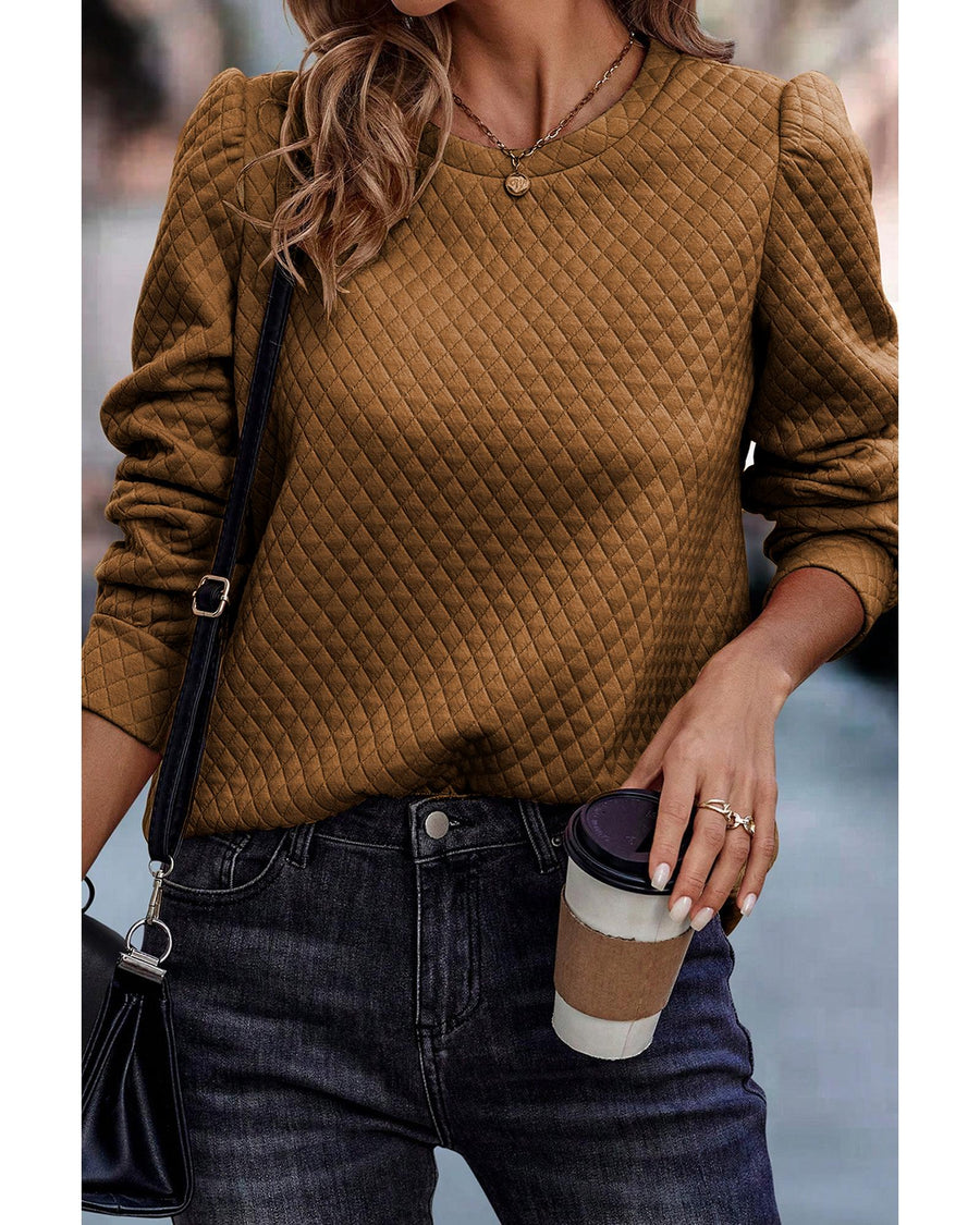 Brown Solid Color Quilted Puff Sleeve Pullover Sweatshirt - S