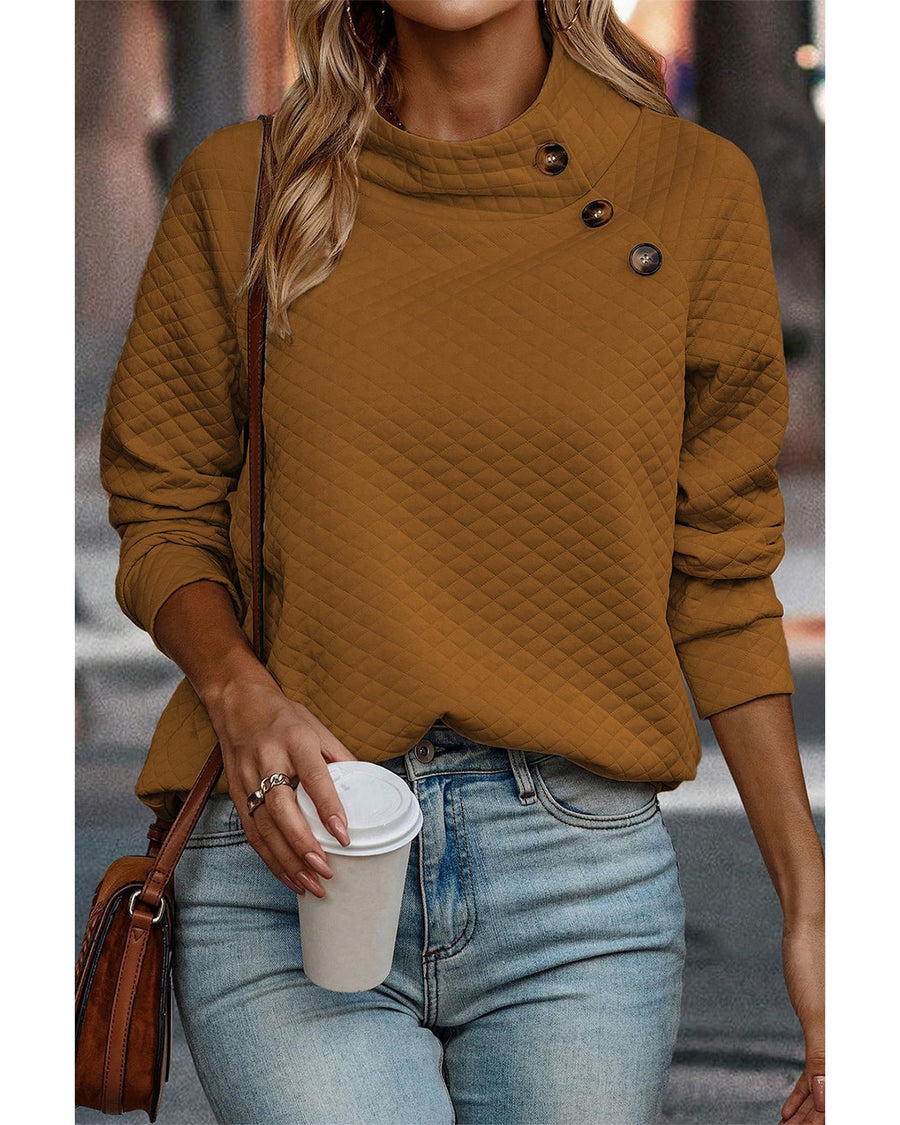 Chestnut Quilted Buttoned Neckline Stand Neck Pullover Sweatshirt - L