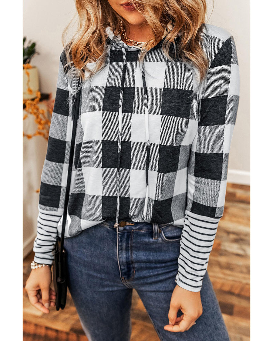 Multicolour Plaid Striped Patchwork Drawstring Hoodie - M