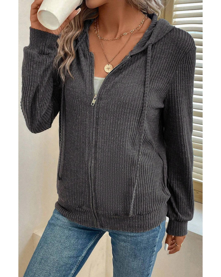 Dark Grey Ribbed Zip Up Front Drawstring Hoodie - M