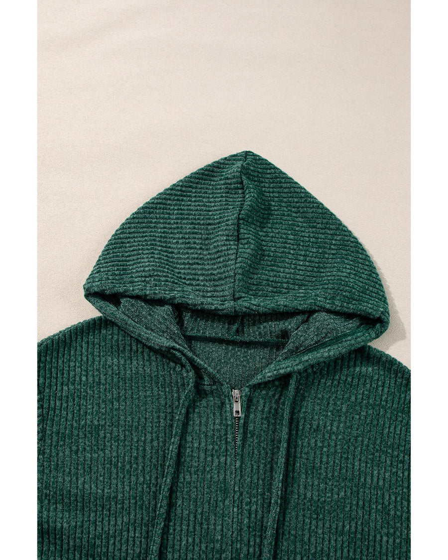 Evergreen Ribbed Zip Up Front Drawstring Hoodie - S