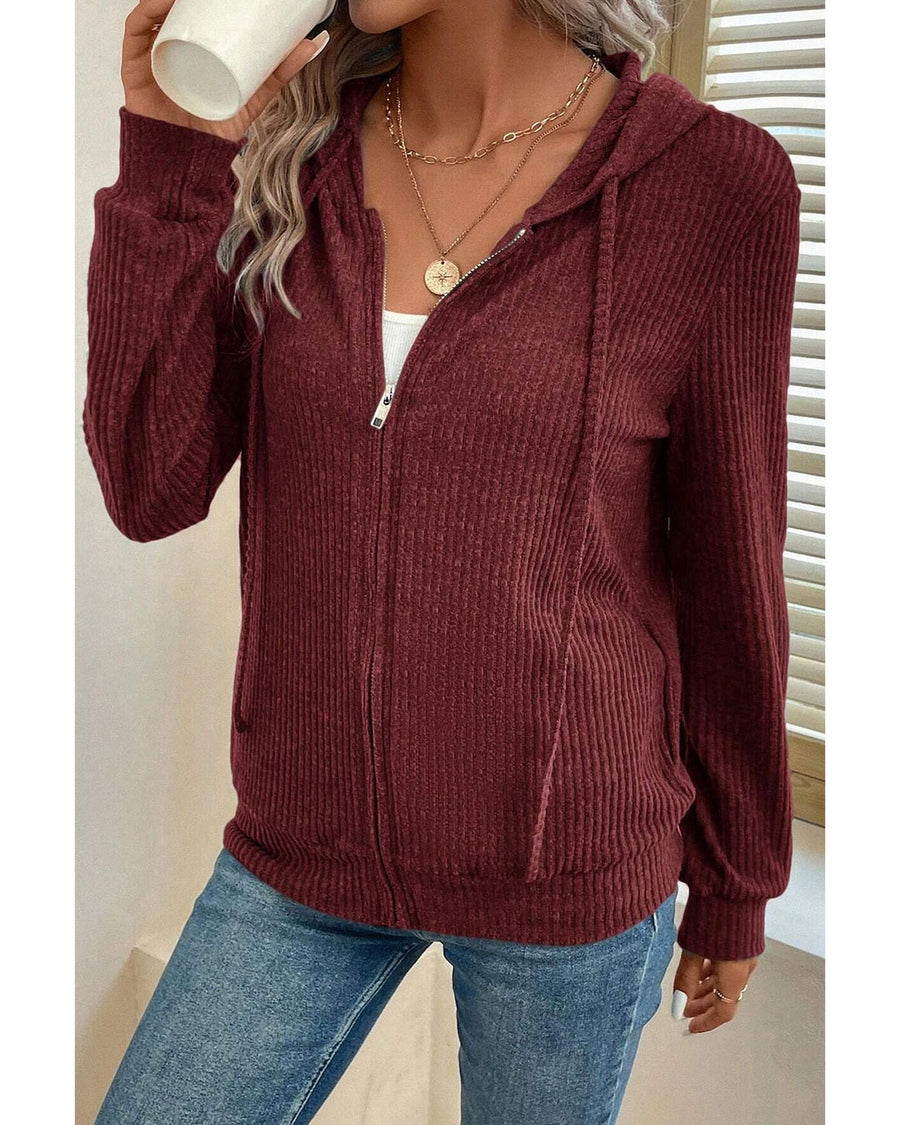 Red Dahlia Ribbed Zip Up Front Drawstring Hoodie - S